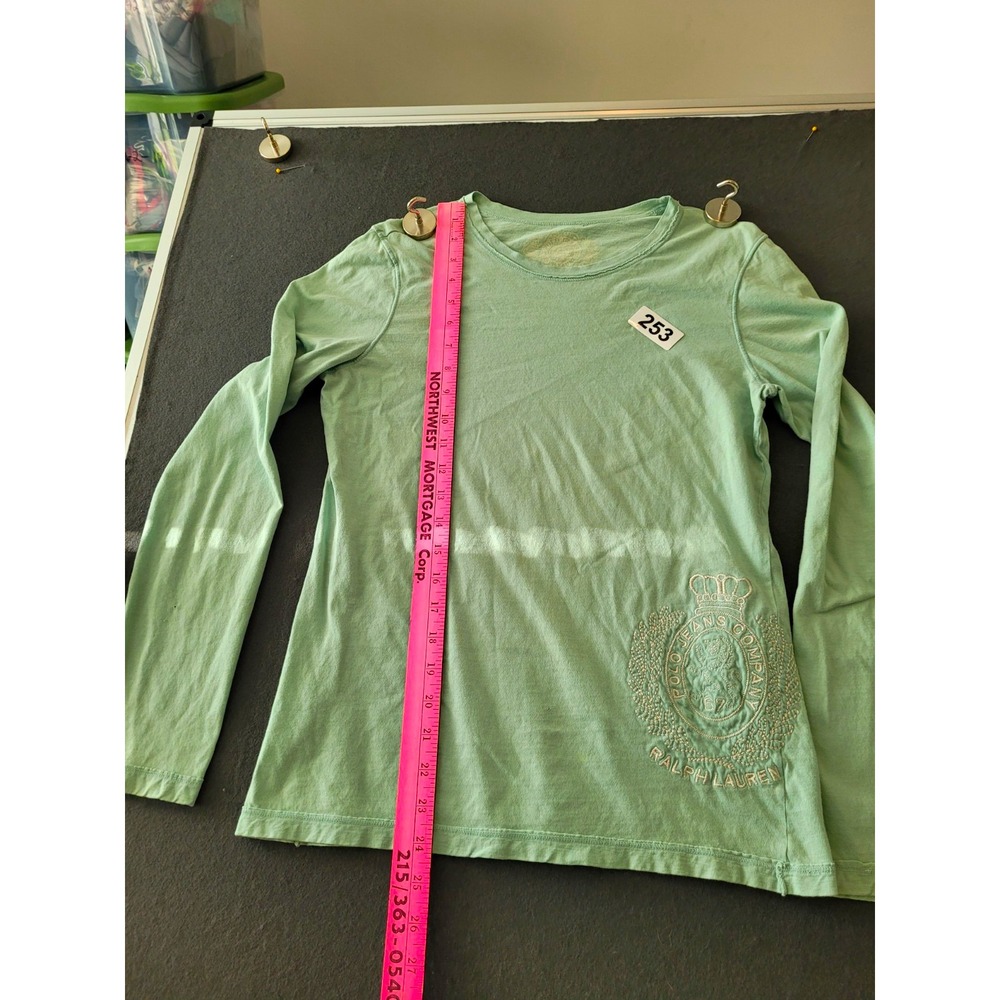 Ralph Lauren Womens M Green Long Sleeve Round Neck Embroidered Tee Couple Holes